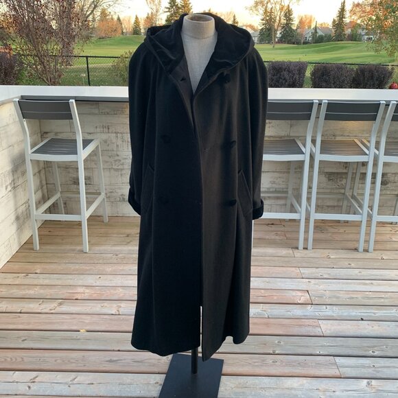 Vintage 90s Double Breasted Hooded Wool Velvet Trim Long Maxi Pea Coat Overcoat - Picture 6 of 15